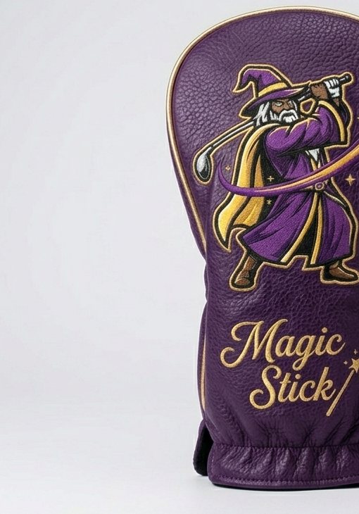Magic Stick driver headcover in purple leather with gold trim