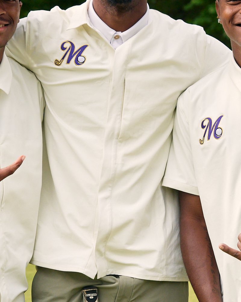 Cream team button-up with embroidered M